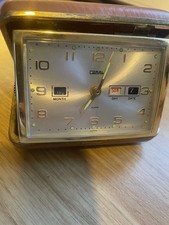 Vintage Coral Folding Travel Alarm Clock Date/Month, Made Japan, Works, Tan Case
