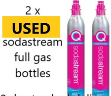 2 X full SODA STREAM GAS BOTTLES NO LABELS   FULL    - 60L PINK PUSH TYPE  USED