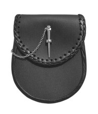  NEW BLACK LEATHER JACOBITE LATCH PIN KILT SPORRAN WITH BELT AND CHAIN POUCH BP