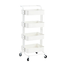 Metal Trolley on Wheels 4-Tier in White Makeup Storage Shelves Cleaning Trolley