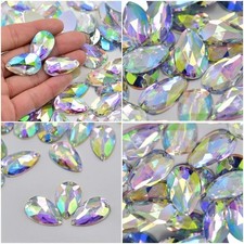 50x AB Clear Sew On Acrylic Flat Back Teardrop /Pear Rhinestones Round Embellish