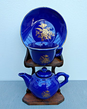 Miniature Display Blue & Gold Tea Set - Teapot, Cup & Saucer on Stand - VGC