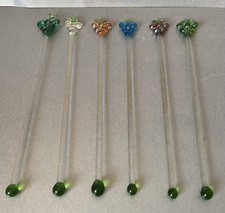 Lovely Set 6 Vintage Hand Blown Glass Cocktail Swizzle Stick Grape Motif Retro B