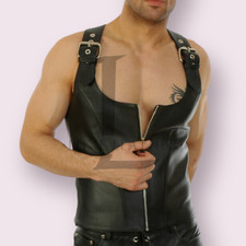 Man's Black Corset Real Leather Lace Up Back Front Busk Real Steel Bones S~4XL
