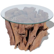 Coffee Table Solid Teak Driftwood Base Brown 60cm Tempered Glass Top Handmade XL