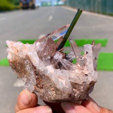 80G Natural Green tourmaline with quartz crystal cluster mineral specimen