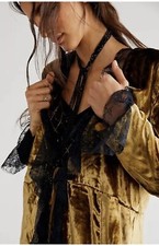 FREE PEOPLE GOLD Velvet & Black Lace Raveena Duster Kimono Coat NEW Small BNIP