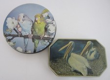 2 Vintage Tins. Walter's Palm Pelicans Toffee Tin, Sharp's Budgerigars Sweet Tin