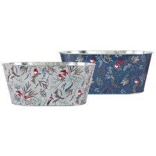 Tin Pail Robin Floral Trough 21cm Plant Pot Christmas Metal Planter Xmas Tub