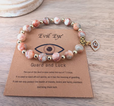 Evil Eye Natural Stone Pink Coral Beaded Adjustable Bracelet + Card & Gift Bag