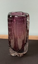1970's Whitefriars Aubergine Glass Controlled Bubble Lobed Vase Geoffrey Baxter