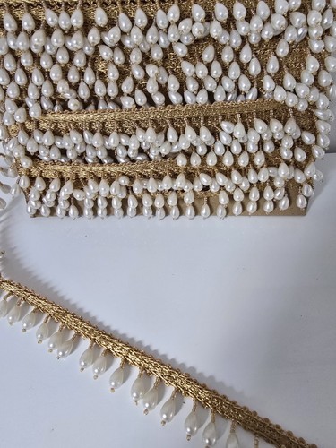 Gold and white bead tassel - gold,