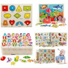 Wooden Puzzle Baby Kids Toddler Jigsaw Alphabet Letters Animal Learning Toy Gift
