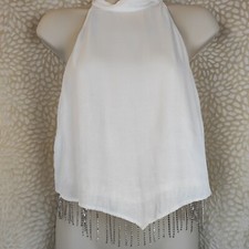 Zara Womens White Halter Neck Style Crop Top Diamonte Fringe Size Medium