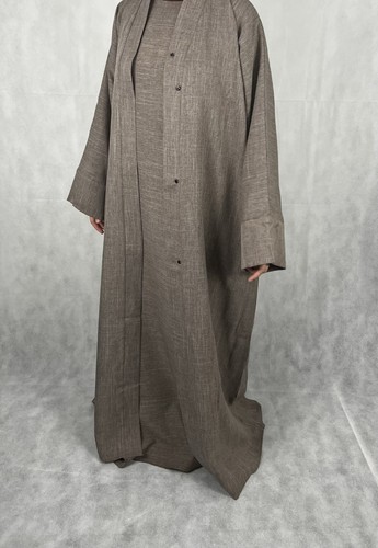 Taupe textured open abaya - taupe,
