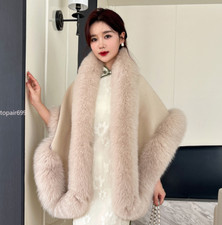 Women's Wool Woolen Poncho Large Shawl Coat Real Fox Fur Trim Cape All Around