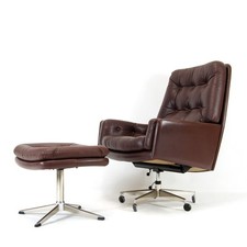 Retro Vintage Danish Leather Recliner Swivel Lounge Easy Chair Armchair + Stool