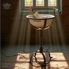 Le Bai Shabby Chic Wash Stand Aged White Enamel Basin Rustic Wrought Iron Stand