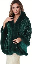 Sequin Faux Fur Shawl Coat