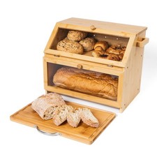 Bamboo Bread Bin Double Layer Cutting Board Kitchen Storage Box With DEFECTS