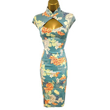 Vintage Karen Millen 12 UK Aqua Turquoise Oriental Chinese Floral Pencil Dress