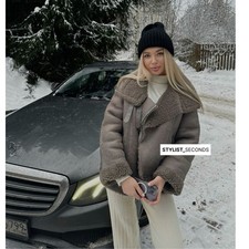 ZARA GREY FAUX LEATHER SHEARLING FUR DOUBLE-FACED BIKER JACKET AVIATOR COAT Sm