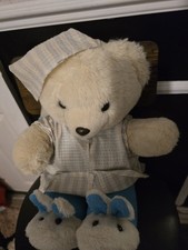 Vintage 1980s Blue & White Nightime Teddy Bear Soft Toy