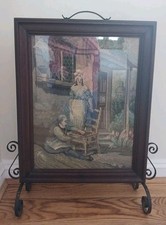 Antique Victorian Wrought Iron & Wood Framed Tapestry Fire Guard