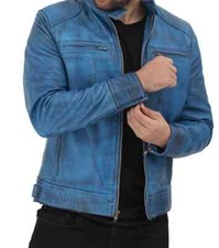 Men's Motorbike Distressed Blue Genuine Cow Leather Motorcycle Biker Jacket