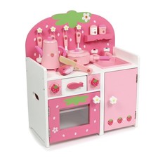 Pink wooden play kitchen with grill and 11 small items.
