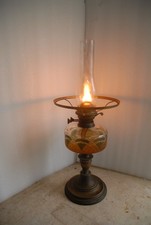 Vintage Oil Lamp, Glass Font, Twin wick burner, Chimney,  Brass Base
