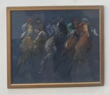 Original Mid Century Modernist Equine Horse Racing Painting, Signed
