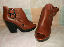 Topshop platform Brown Leather wood clogs Strap heels Open toe Size UK 5 /  US 8