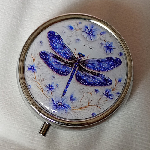 Pretty blue dragonfly pill - dragonfly, box