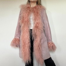 Vintage 00s pink genuine suede afghan coat with real Mongolian wool trims
