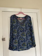 EAST Blue & Green Tunic Long Sleeve Top Beaded Embellished Neckline U.K. 10