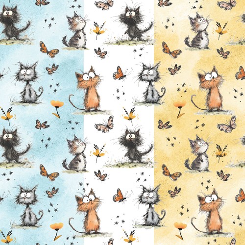Cats butterflies fabric - cats,
