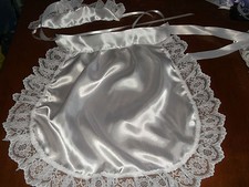 PRETTY WHITE SATIN MAID LACE EDGED APRON AND HAT ONE SIZE 