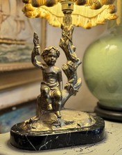 Antique French Gilt Spelter Cherub Torch Lamp on Marble Base c1900 Art Nouveau