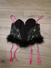 Vintage Ann Summers Black PVC Feather Trim Corset Basque Bustier Top Size 14-16