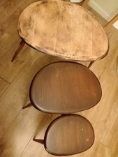 ERCOL PEBBLE tables, set of 3, dark finish, vintage blue label (pre 1976) VGC