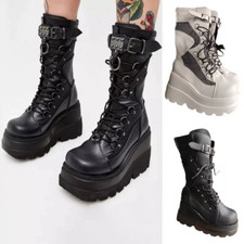 Gothic Punk Casual Mid Calf Boots Womens Lace Up Chunky High Heel Platform Shoes