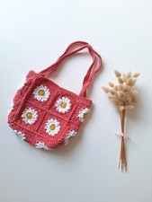 Red Daisy Crochet Tote Bag Handmade Boho Knit Floral Shoulder Purse