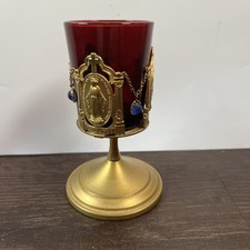 Antique Sanctuary Lamp with Stones and Red Glass Globe Chalice Cup