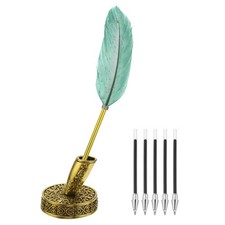 Green Feather Ballpoint Pens Bulk, Black Ink Quill Pens with 5 Pieces Refill
