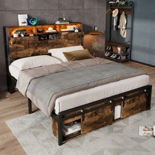 Double Bed Frame Industrial Metal Platform Bed with Headboard & Storage Space