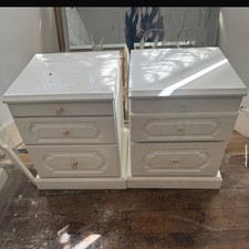 Pair of Vintage Bedside Cabinets – 3 Drawer Shabby Chic White with Gold Handles