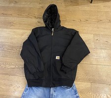 Carhartt Black Hooded Work Jacket – Reworked – Size L – USA Made Quilted Lining
