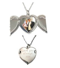 Personalised Photo necklace locket printed and engraved open angel wings heart