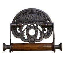 Vintage Toilet Roll Holder Borough of London WC1 Antique Iron and Wood 6"